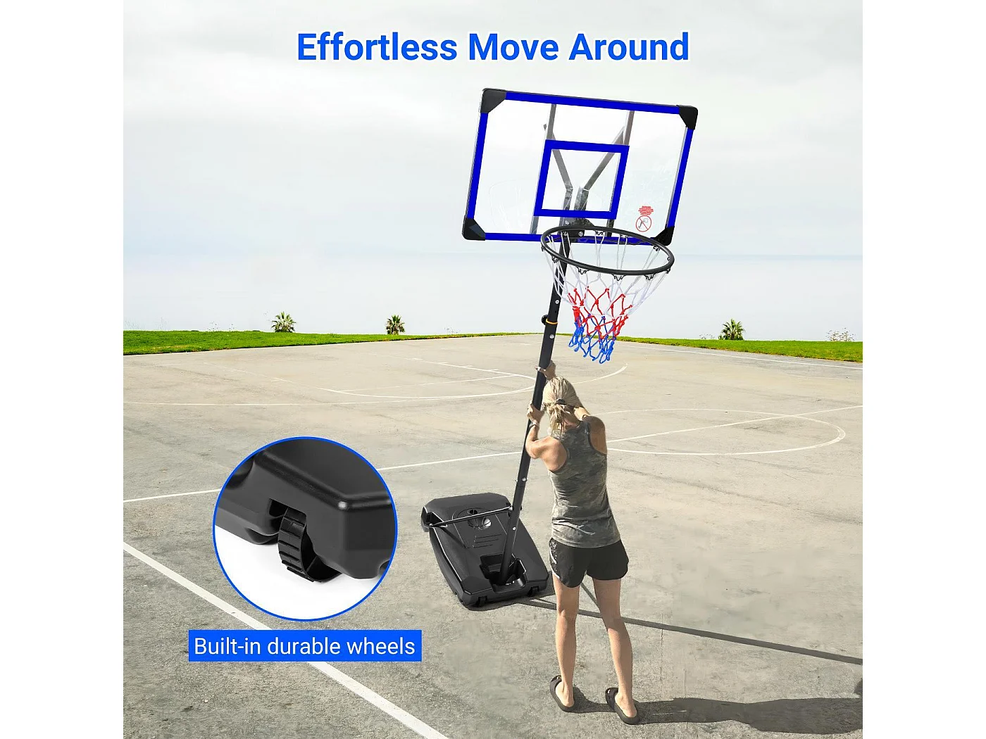 Panier de Basket-Ball, Hauteur Réglable 147-260CM, avec 83x53cm Mur de dos PC et base agrandie, 2 roues, pour Enfant/Adultes - 86x83x260cm