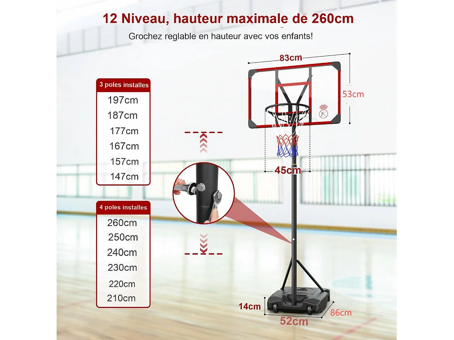 Panier de Basket-Ball, Hauteur Réglable 147-260CM, avec 83x53cm Mur de dos PC et base agrandie, 2 roues, pour Enfant/Adultes - 86x83x260cm