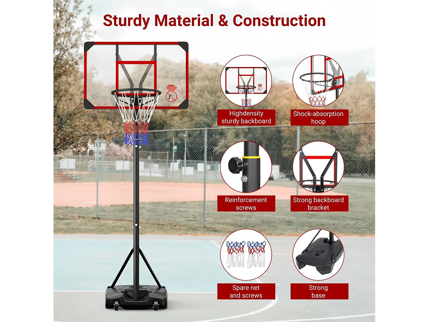 Panier de Basket-Ball, Hauteur Réglable 147-260CM, avec 83x53cm Mur de dos PC et base agrandie, 2 roues, pour Enfant/Adultes - 86x83x260cm