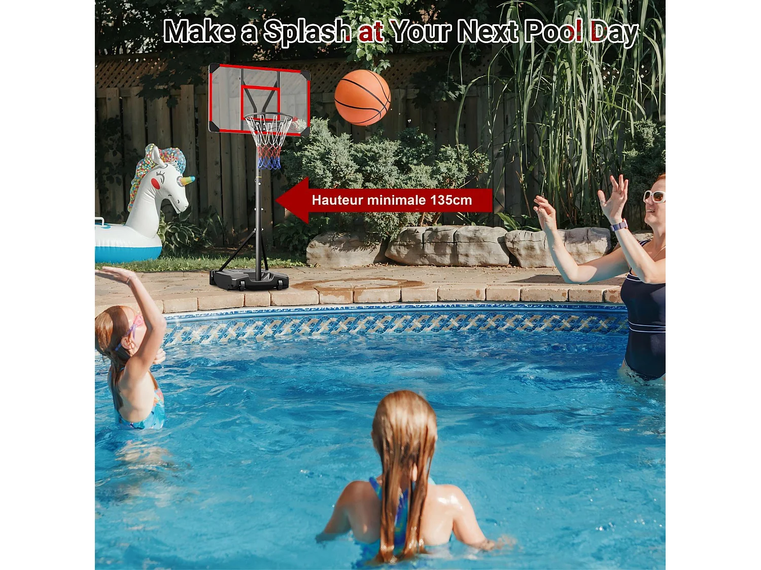 Panier de Basket-Ball, Hauteur Réglable 147-260CM, avec 83x53cm Mur de dos PC et base agrandie, 2 roues, pour Enfant/Adultes - 86x83x260cm