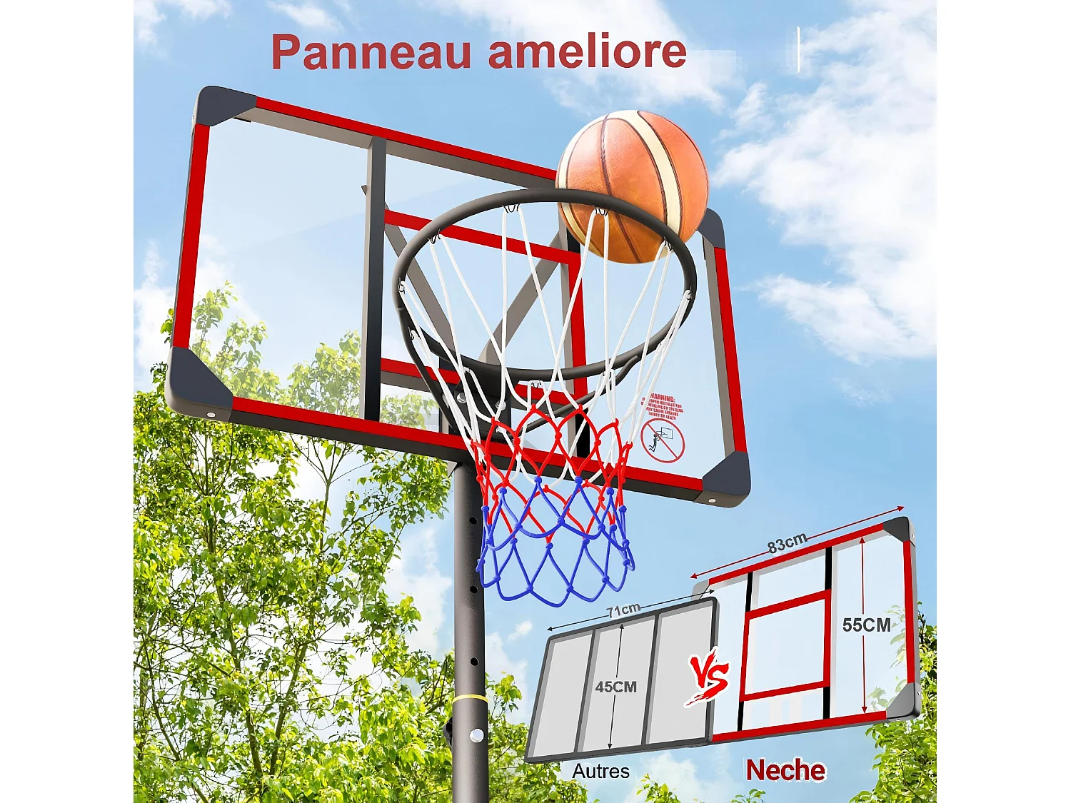 Panier de Basket-Ball, Hauteur Réglable 147-260CM, avec 83x53cm Mur de dos PC et base agrandie, 2 roues, pour Enfant/Adultes - 86x83x260cm