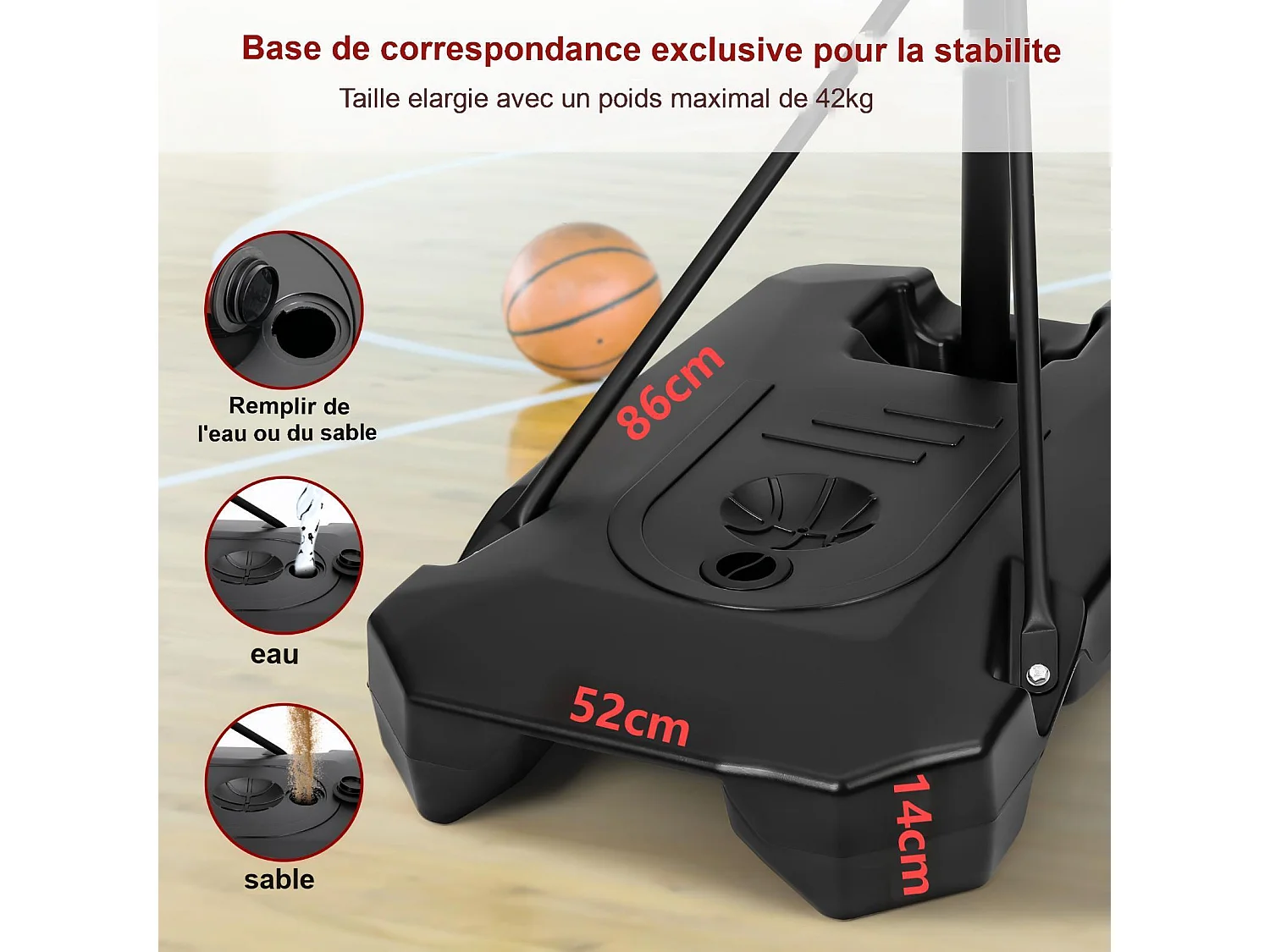 Panier de Basket-Ball, Hauteur Réglable 147-260CM, avec 83x53cm Mur de dos PC et base agrandie, 2 roues, pour Enfant/Adultes - 86x83x260cm