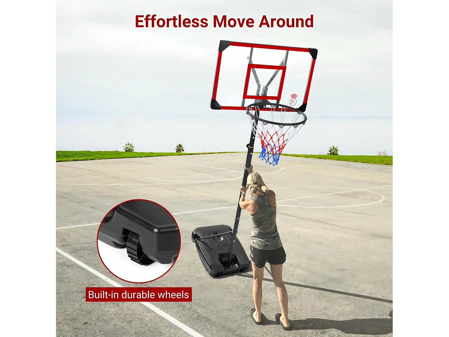 Panier de Basket-Ball, Hauteur Réglable 147-260CM, avec 83x53cm Mur de dos PC et base agrandie, 2 roues, pour Enfant/Adultes - 86x83x260cm