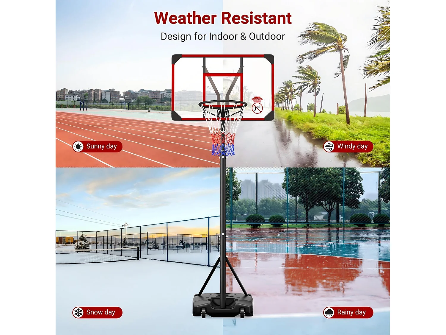 Panier de Basket-Ball, Hauteur Réglable 147-260CM, avec 83x53cm Mur de dos PC et base agrandie, 2 roues, pour Enfant/Adultes - 86x83x260cm