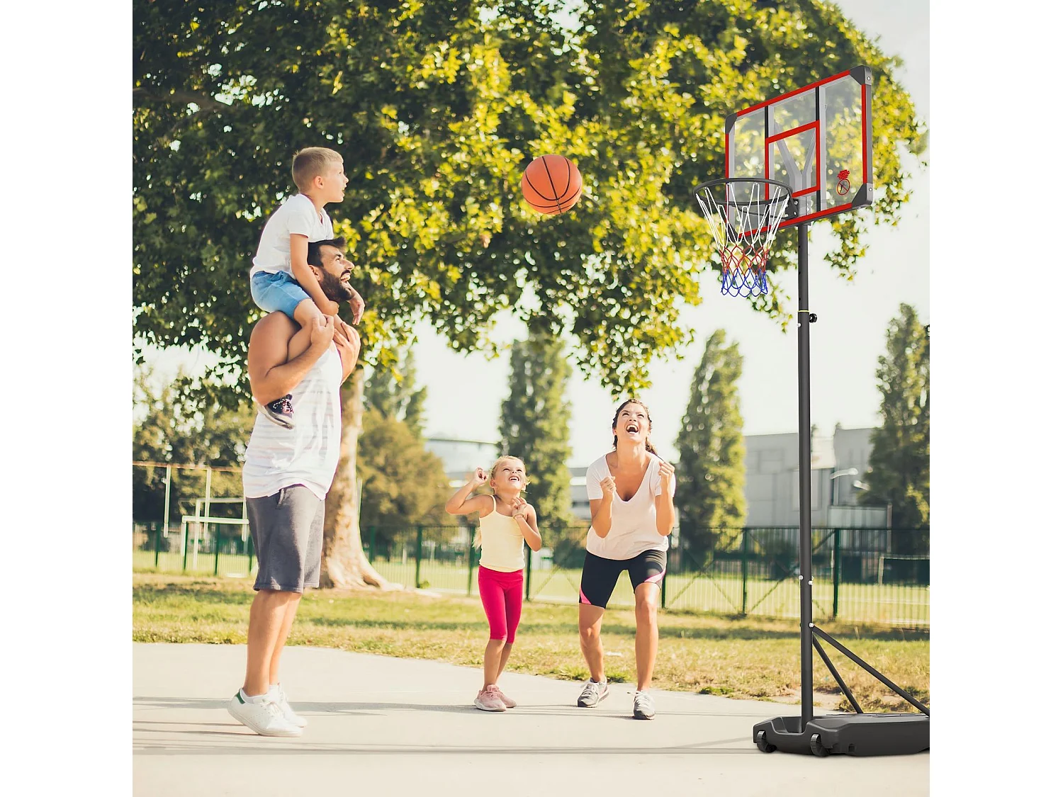 Panier de Basket-Ball, Hauteur Réglable 147-260CM, avec 83x53cm Mur de dos PC et base agrandie, 2 roues, pour Enfant/Adultes - 86x83x260cm