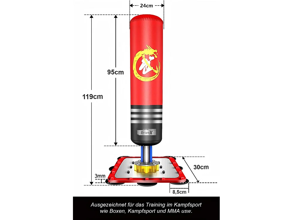 Sac de frappe boxe Dripex pour Enfants, autoportant, Sac De Boxe Gonflable, Base d'acier stable, sans sable ou d'eau, 30x30x120cm