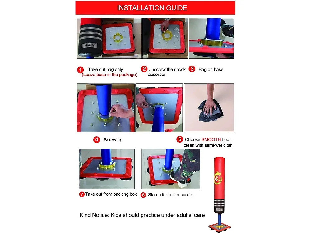 Sac de frappe boxe Dripex pour Enfants, autoportant, Sac De Boxe Gonflable, Base d'acier stable, sans sable ou d'eau, 30x30x120cm