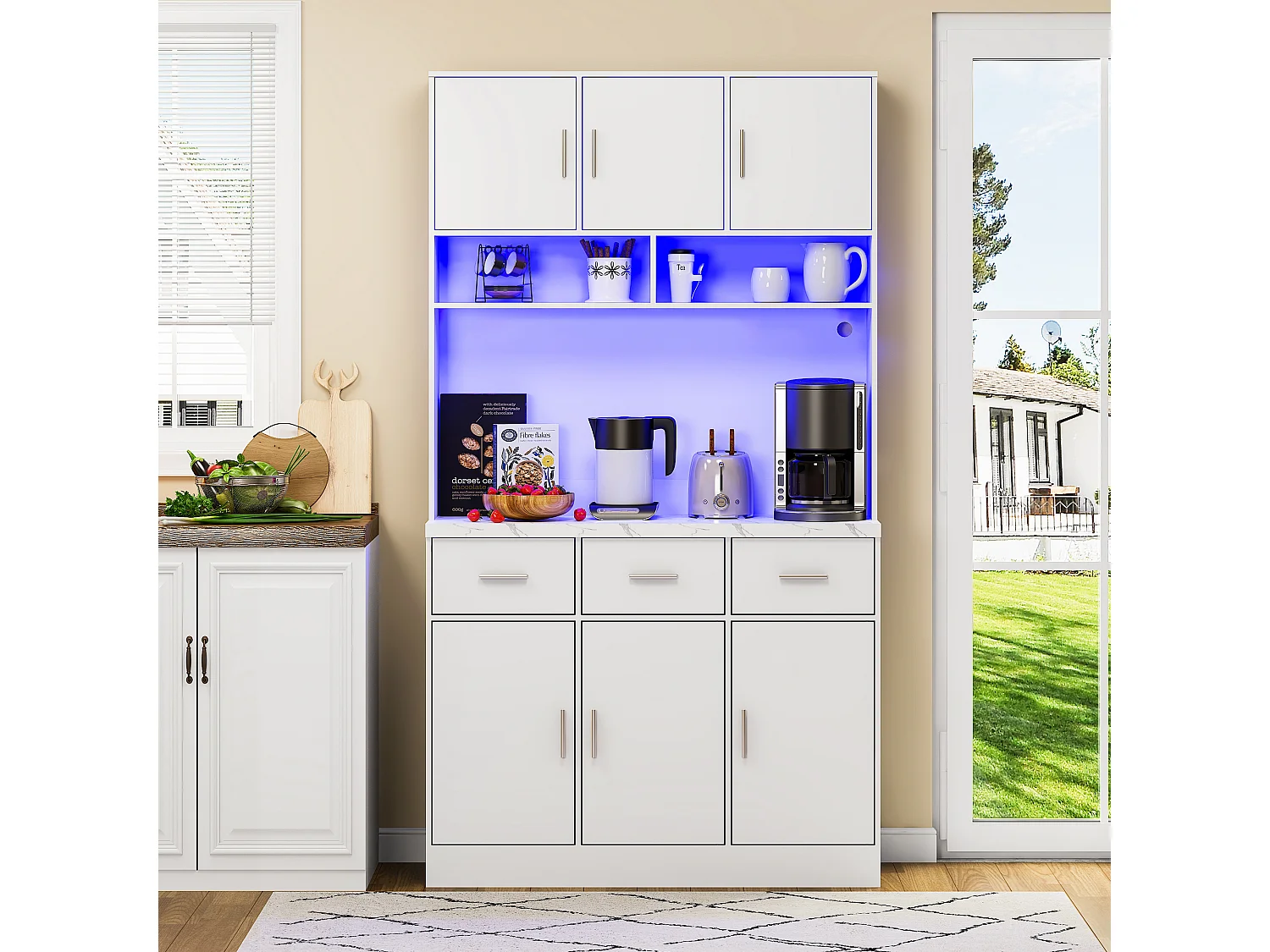 Buffet haut avec 6 portes et 3 tiroirs - 100 x 40 x 180 cm - LEDs et Port de chargement - Bois MDF - Etagères réglables - Blanc