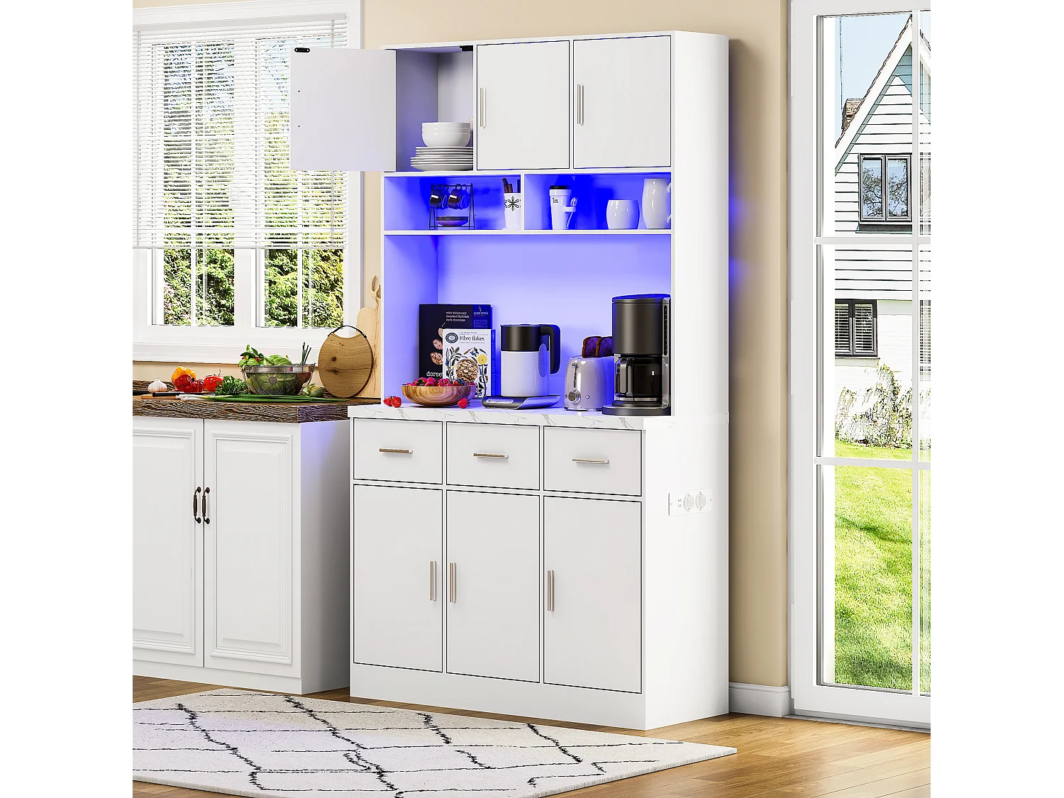 Buffet haut avec 6 portes et 3 tiroirs - 100 x 40 x 180 cm - LEDs et Port de chargement - Bois MDF - Etagères réglables - Blanc