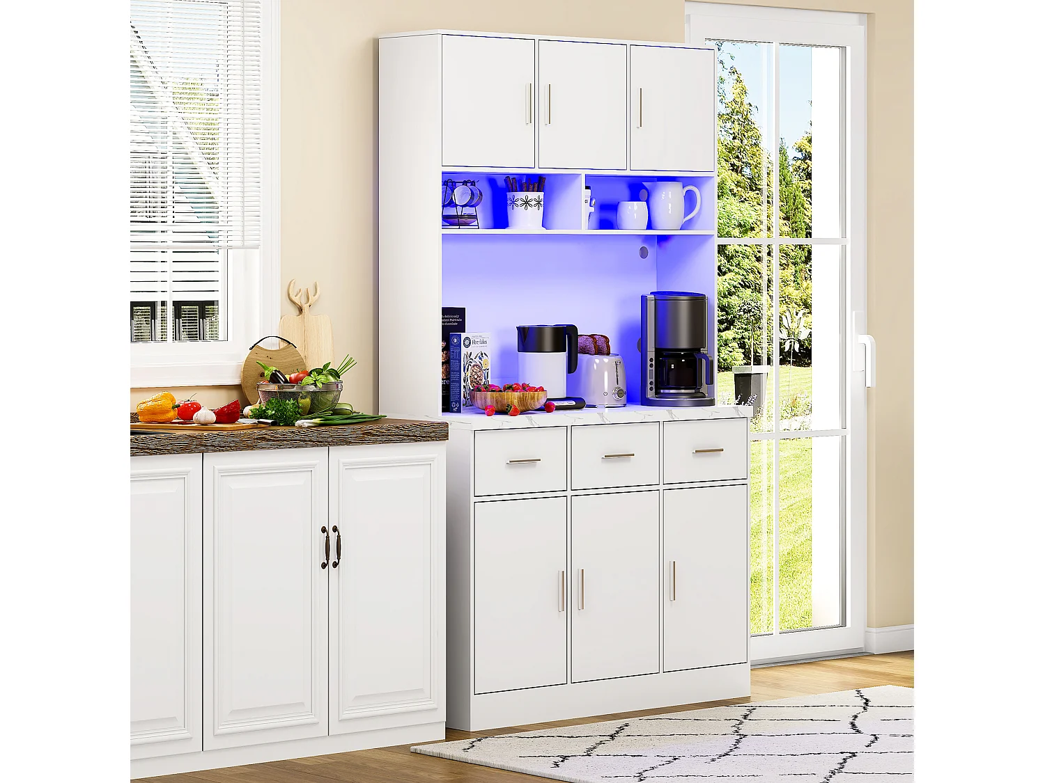 Buffet haut avec 6 portes et 3 tiroirs - 100 x 40 x 180 cm - LEDs et Port de chargement - Bois MDF - Etagères réglables - Blanc