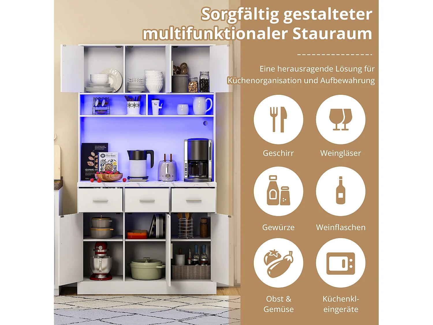 Buffet haut avec 6 portes et 3 tiroirs - 100 x 40 x 180 cm - LEDs et Port de chargement - Bois MDF - Etagères réglables - Blanc