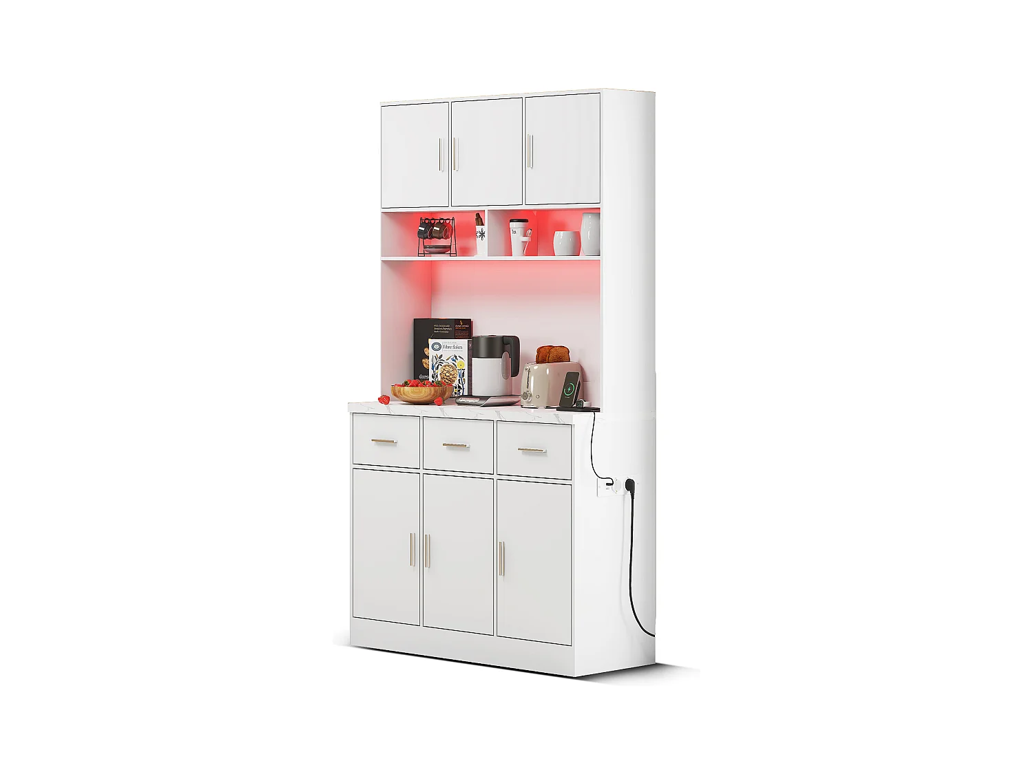 Buffet haut avec 6 portes et 3 tiroirs - 100 x 40 x 180 cm - LEDs et Port de chargement - Bois MDF - Etagères réglables - Blanc