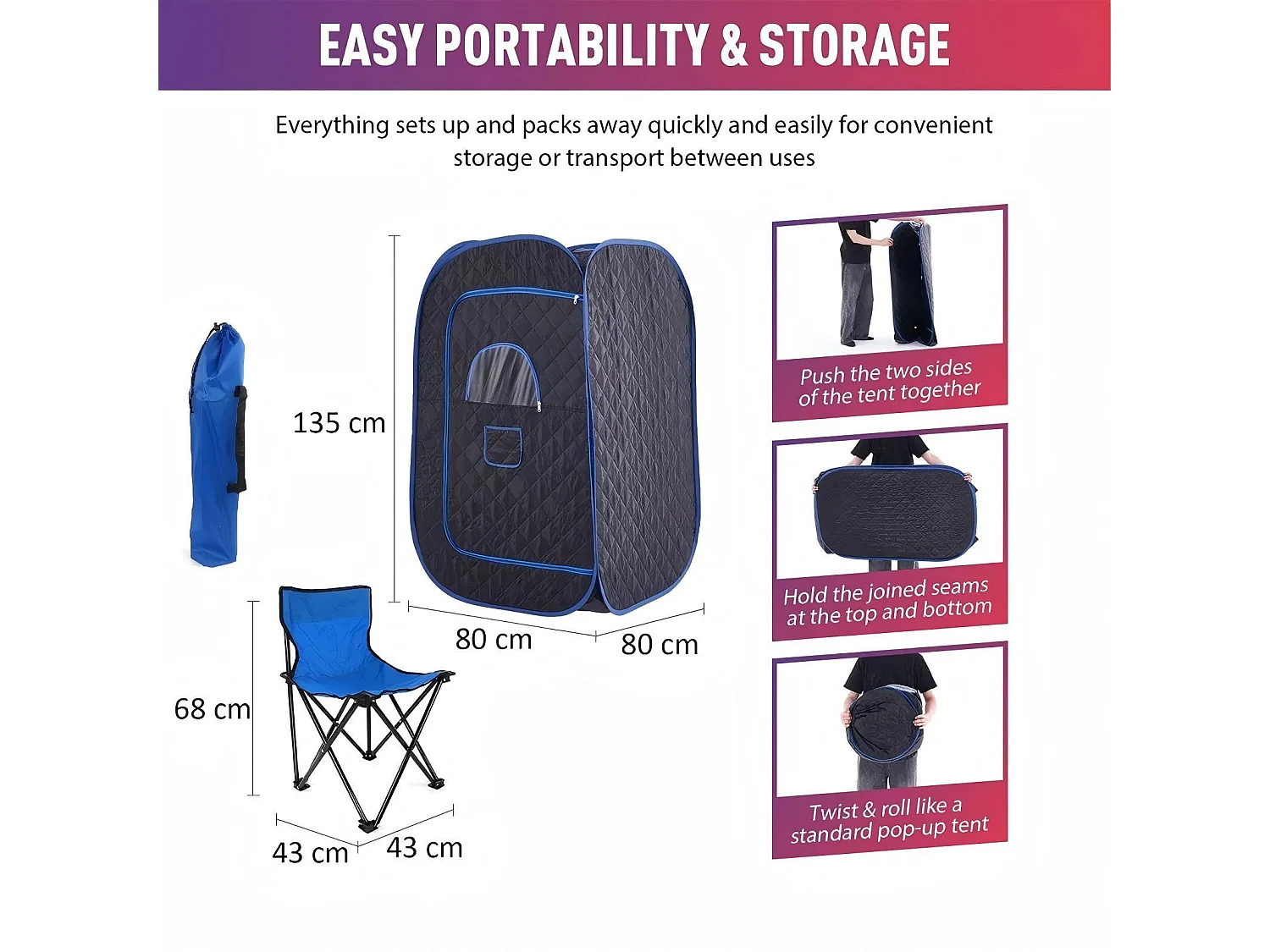 Stoomsaunacabine, 1000W opvouwbare sauna, met afstandsbediening en begassingsinstrument en opvouwbare stoel, spatent, 80x80x135cm