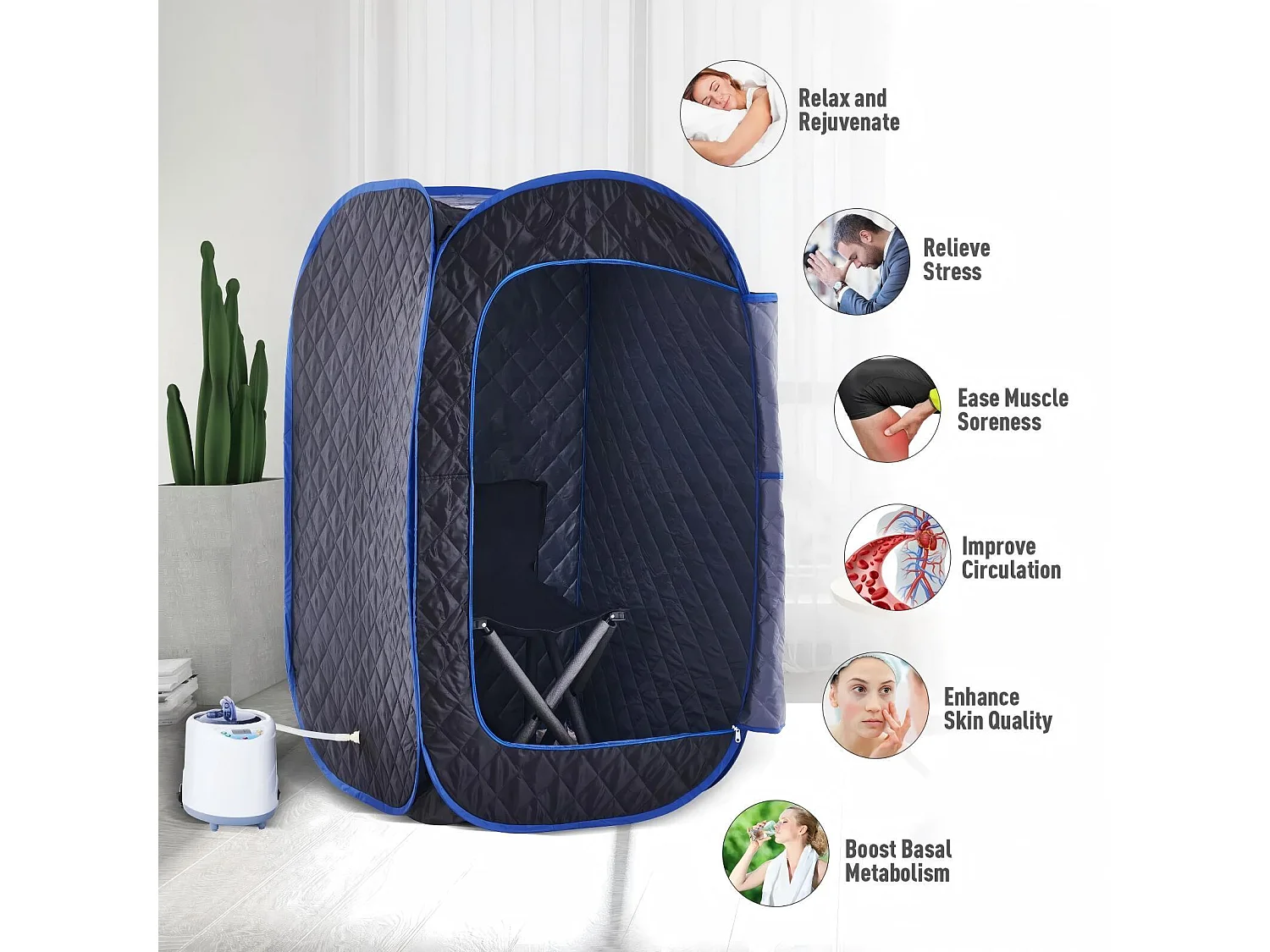 Stoomsaunacabine, 1000W opvouwbare sauna, met afstandsbediening en begassingsinstrument en opvouwbare stoel, spatent, 80x80x135cm