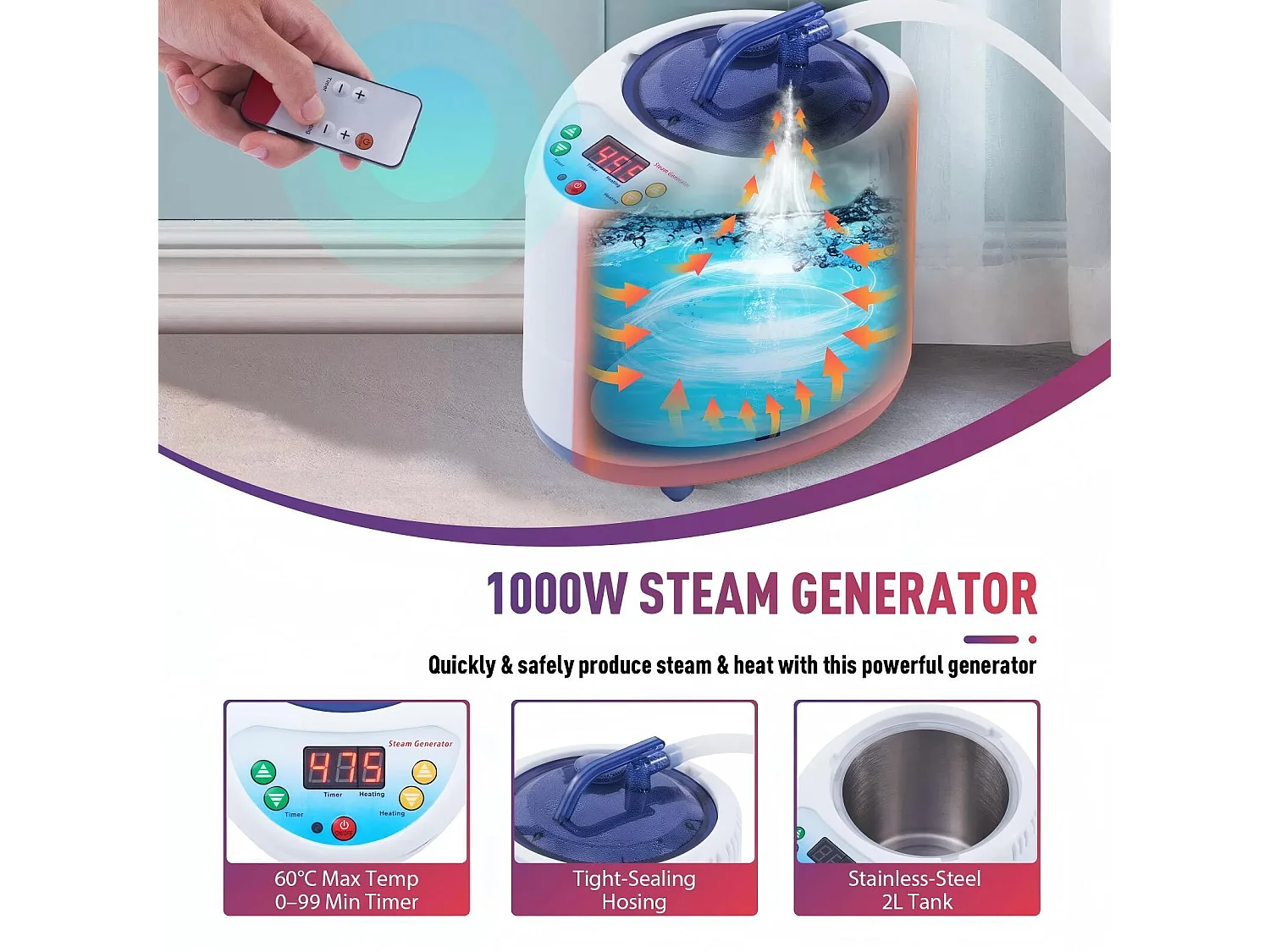 Stoomsaunacabine, 1000W opvouwbare sauna, met afstandsbediening en begassingsinstrument en opvouwbare stoel, spatent, 80x80x135cm