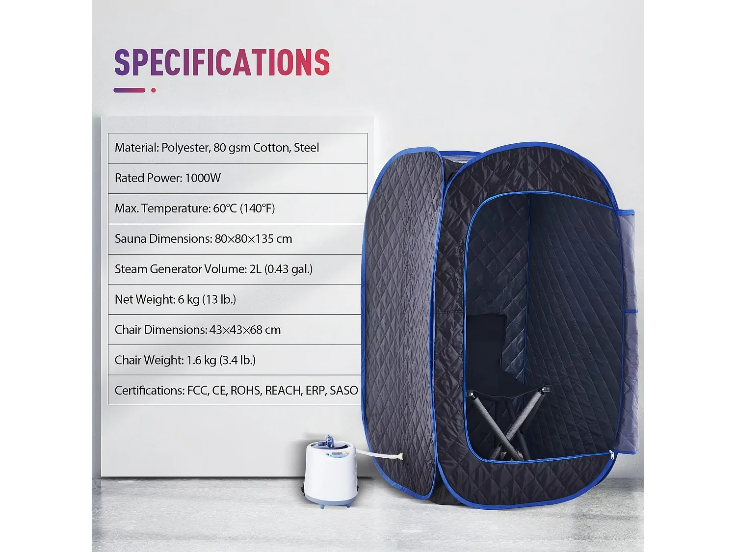 Stoomsaunacabine, 1000W opvouwbare sauna, met afstandsbediening en begassingsinstrument en opvouwbare stoel, spatent, 80x80x135cm