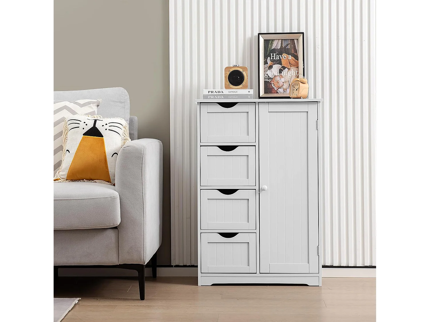 Meuble de Salle de Bain, Armoire de Rangement avec 4 Tiroirs et Placard avec Étagère Réglable avec Porte, Commode pour Salon, Salle de Bain, 56 x 30 x 82 cm (Blanc)