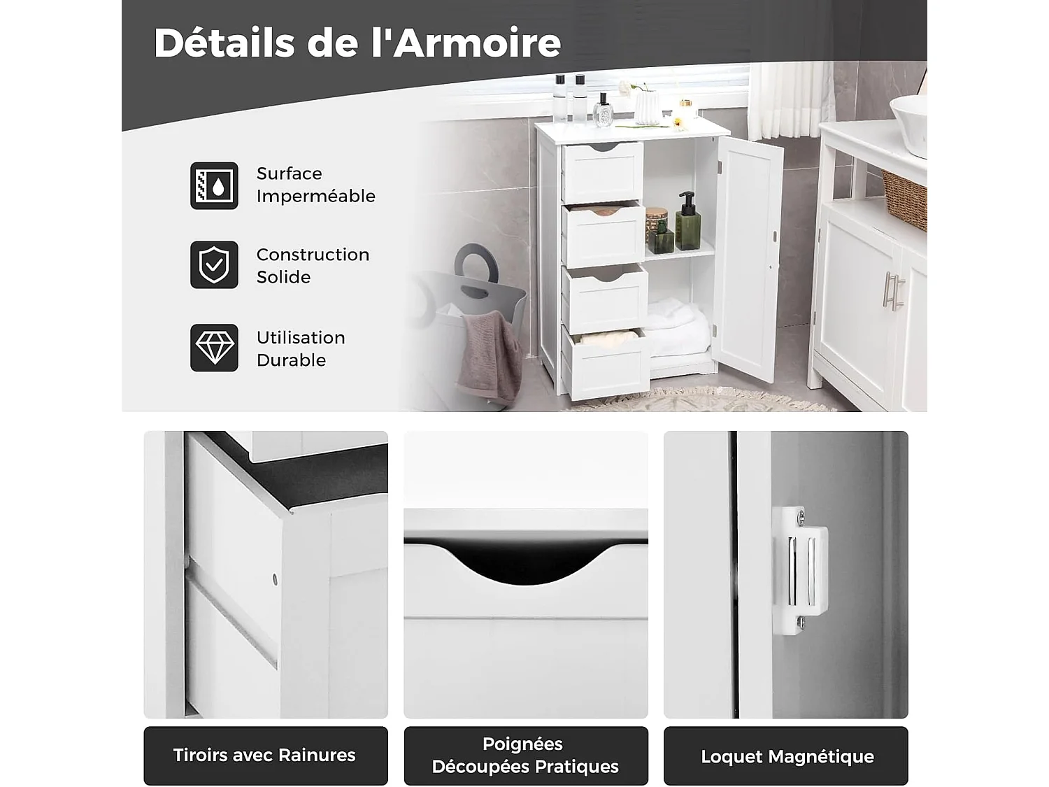 Meuble de Salle de Bain, Armoire de Rangement avec 4 Tiroirs et Placard avec Étagère Réglable avec Porte, Commode pour Salon, Salle de Bain, 56 x 30 x 82 cm (Blanc)