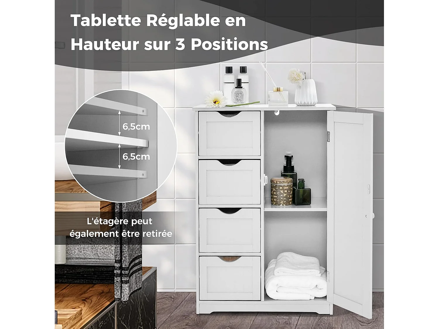 Meuble de Salle de Bain, Armoire de Rangement avec 4 Tiroirs et Placard avec Étagère Réglable avec Porte, Commode pour Salon, Salle de Bain, 56 x 30 x 82 cm (Blanc)
