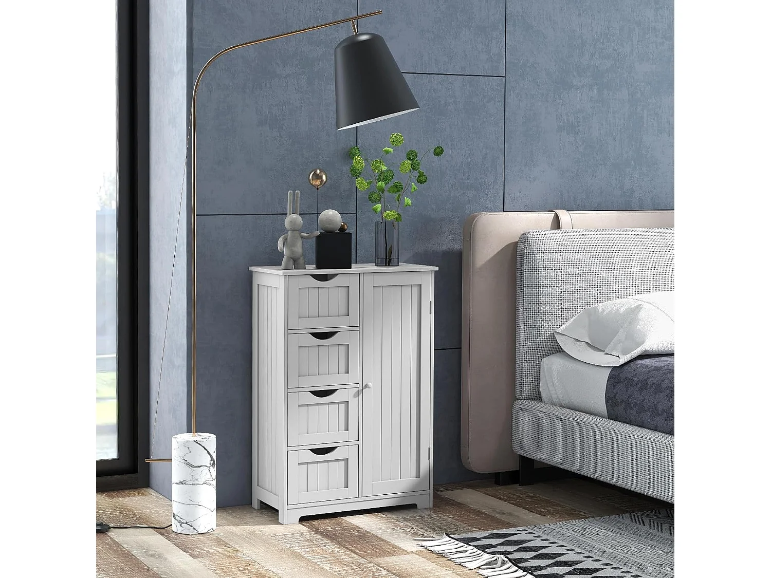 Meuble de Salle de Bain, Armoire de Rangement avec 4 Tiroirs et Placard avec Étagère Réglable avec Porte, Commode pour Salon, Salle de Bain, 56 x 30 x 82 cm (Blanc)