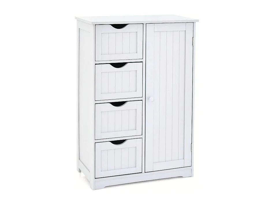 Meuble de Salle de Bain, Armoire de Rangement avec 4 Tiroirs et Placard avec Étagère Réglable avec Porte, Commode pour Salon, Salle de Bain, 56 x 30 x 82 cm (Blanc)