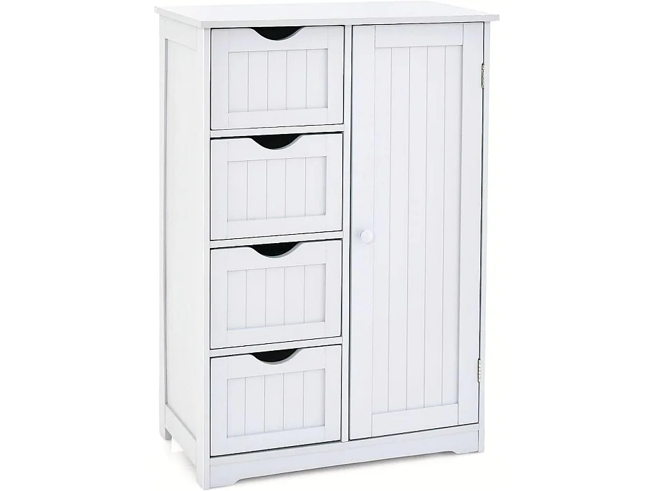 Meuble de Salle de Bain, Armoire de Rangement avec 4 Tiroirs et Placard avec Étagère Réglable avec Porte, Commode pour Salon, Salle de Bain, 56 x 30 x 82 cm (Blanc)