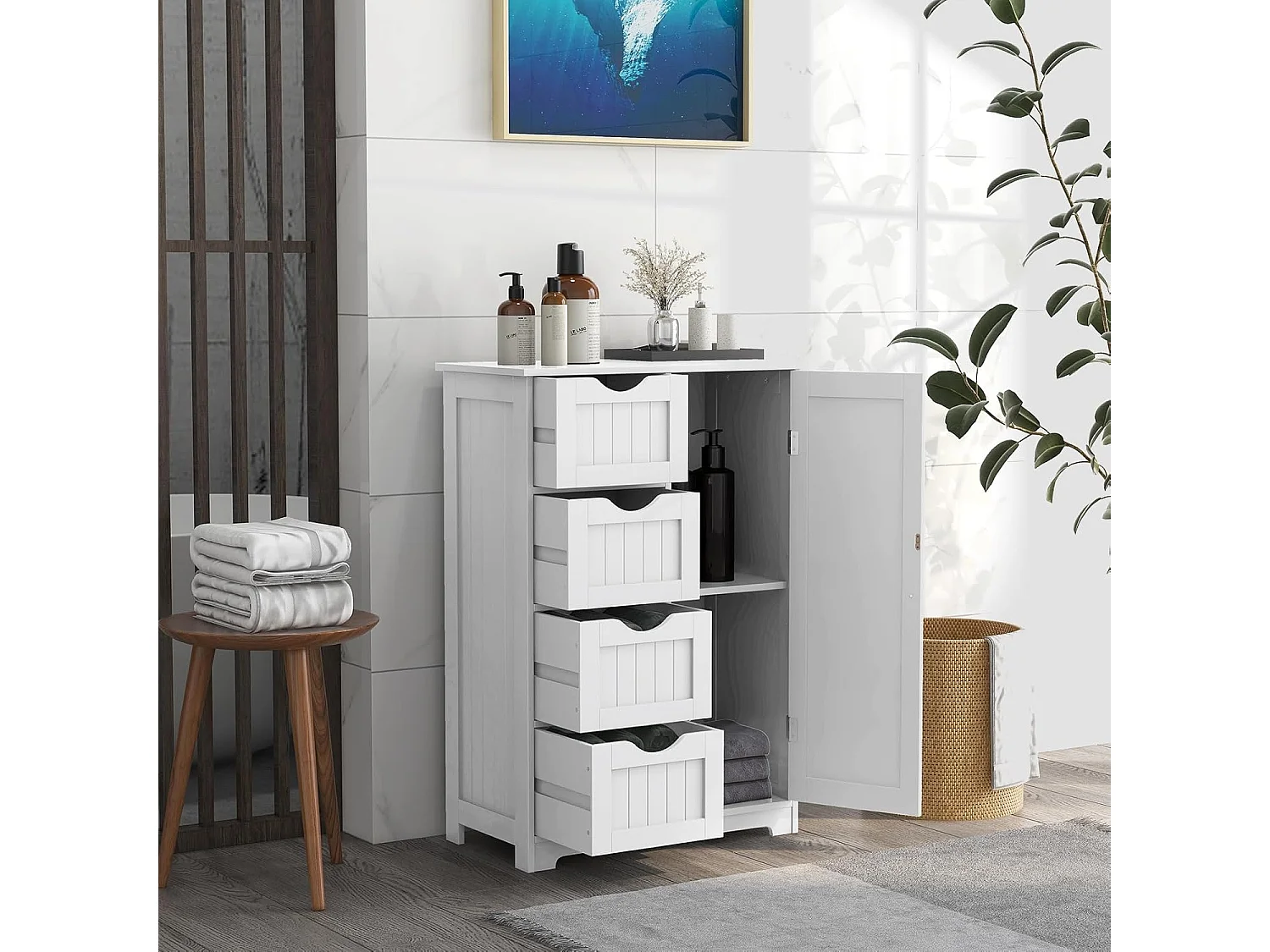 Meuble de Salle de Bain, Armoire de Rangement avec 4 Tiroirs et Placard avec Étagère Réglable avec Porte, Commode pour Salon, Salle de Bain, 56 x 30 x 82 cm (Blanc)