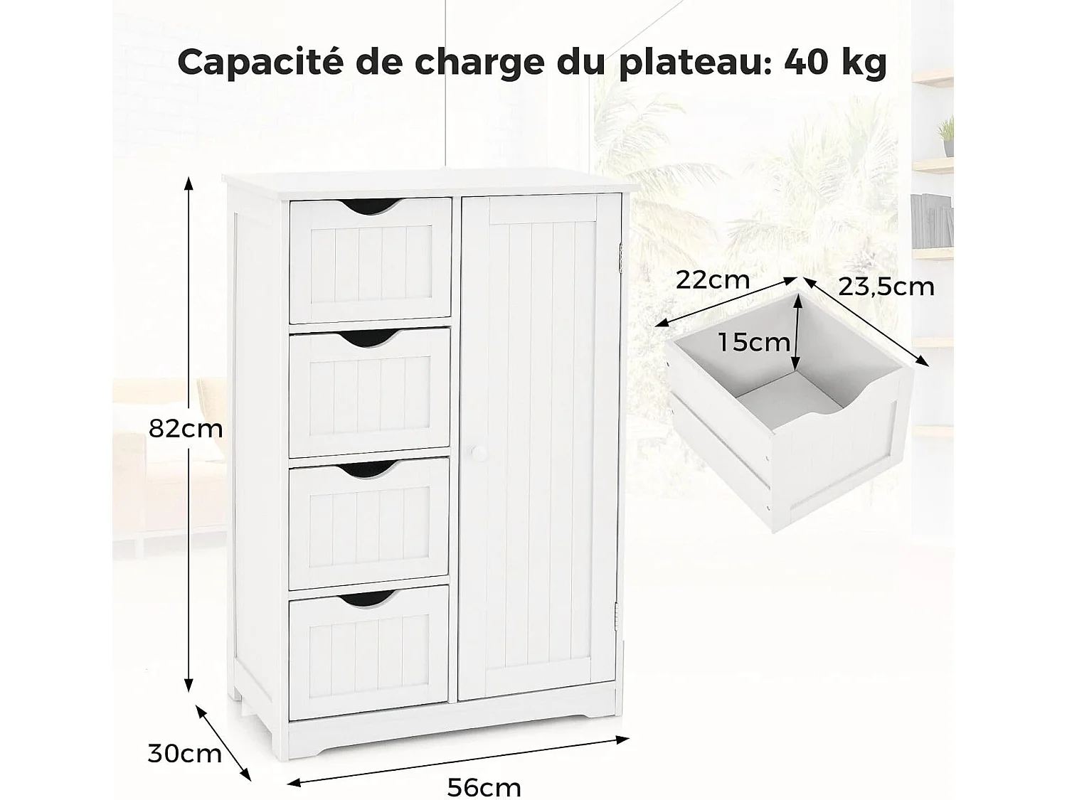 Meuble de Salle de Bain, Armoire de Rangement avec 4 Tiroirs et Placard avec Étagère Réglable avec Porte, Commode pour Salon, Salle de Bain, 56 x 30 x 82 cm (Blanc)