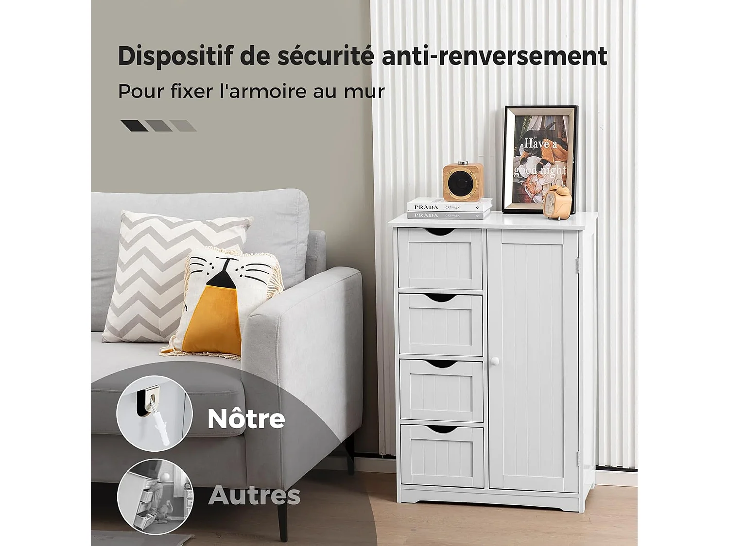 Meuble de Salle de Bain, Armoire de Rangement avec 4 Tiroirs et Placard avec Étagère Réglable avec Porte, Commode pour Salon, Salle de Bain, 56 x 30 x 82 cm (Blanc)