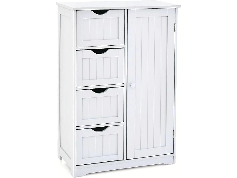 Meuble de Salle de Bain, Armoire de Rangement avec 4 Tiroirs et Placard avec Étagère Réglable avec Porte, Commode pour Salon, Salle de Bain, 56 x 30 x 82 cm (Blanc)