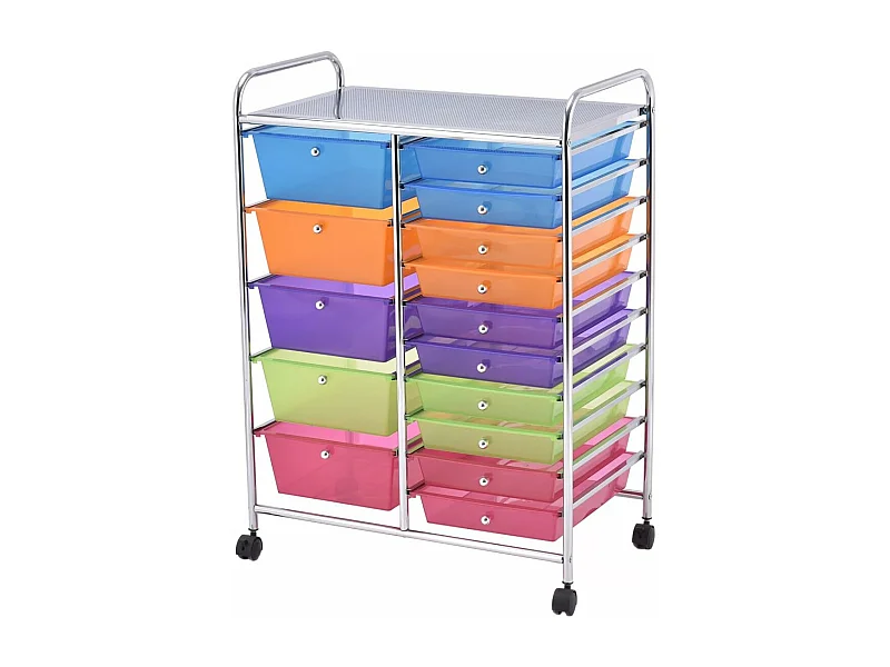 Tour de Rangement, Desserte à roulettes avec 15 Tiroirs Multicolores, Conception Stable et Solide, 4 roulettes Universelles 2 avec Freins