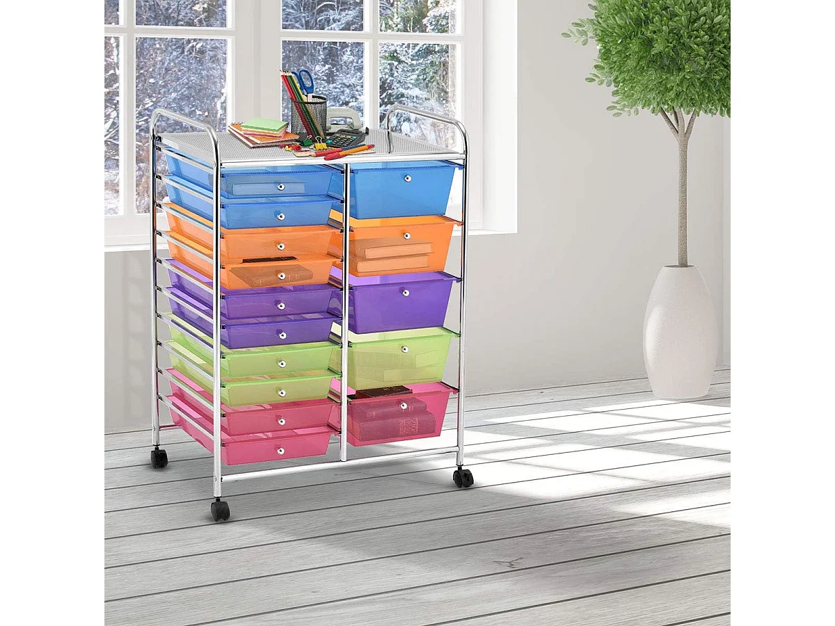 Tour de Rangement, Desserte à roulettes avec 15 Tiroirs Multicolores, Conception Stable et Solide, 4 roulettes Universelles 2 avec Freins