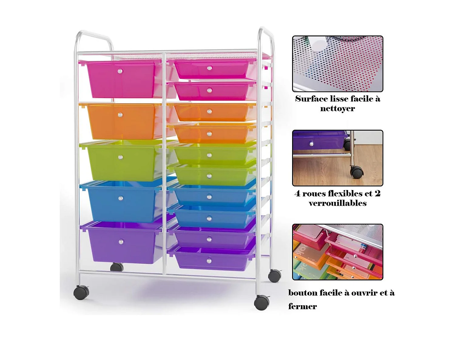 Tour de Rangement, Desserte à roulettes avec 15 Tiroirs Multicolores, Conception Stable et Solide, 4 roulettes Universelles 2 avec Freins
