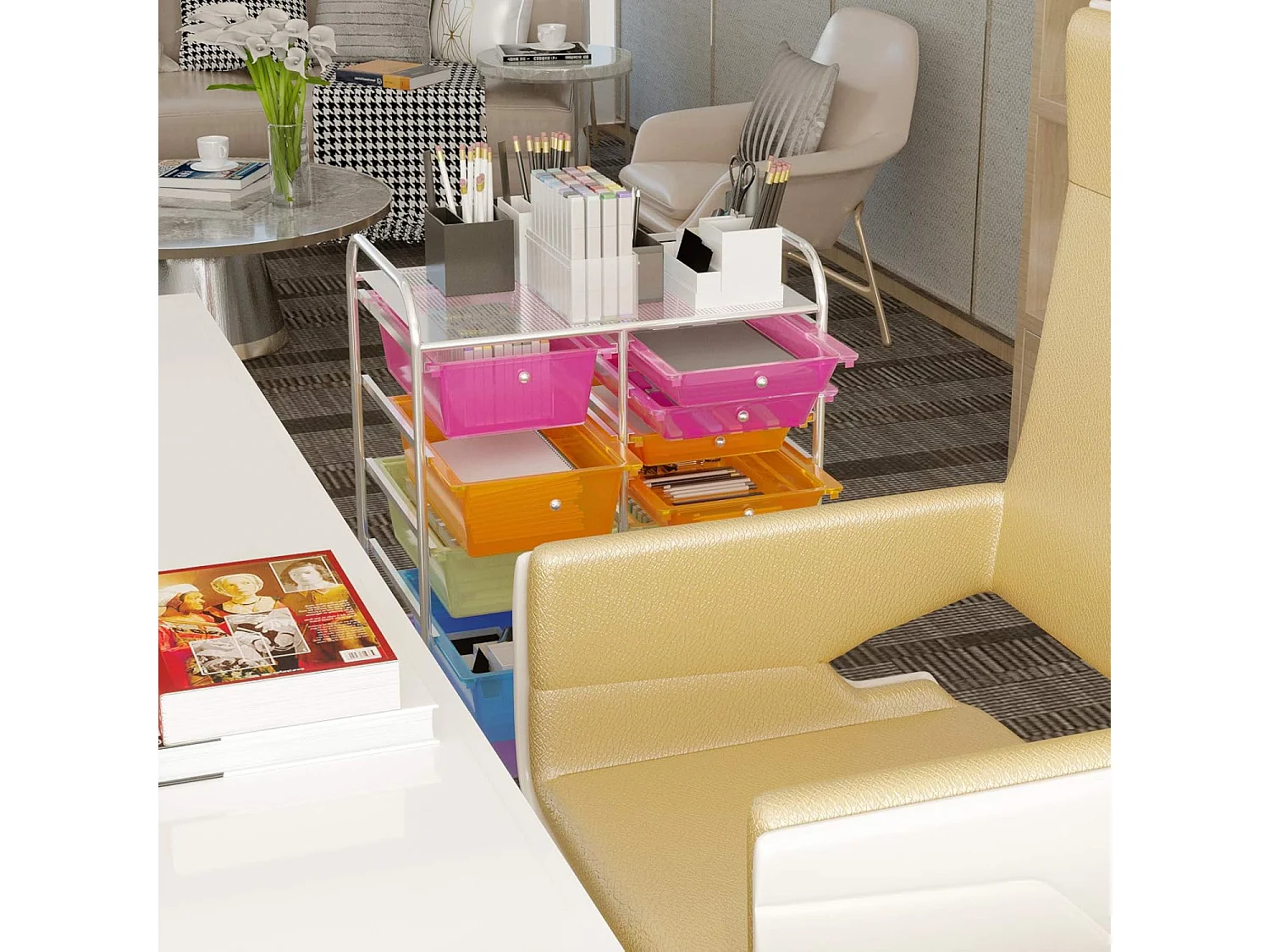 Tour de Rangement, Desserte à roulettes avec 15 Tiroirs Multicolores, Conception Stable et Solide, 4 roulettes Universelles 2 avec Freins