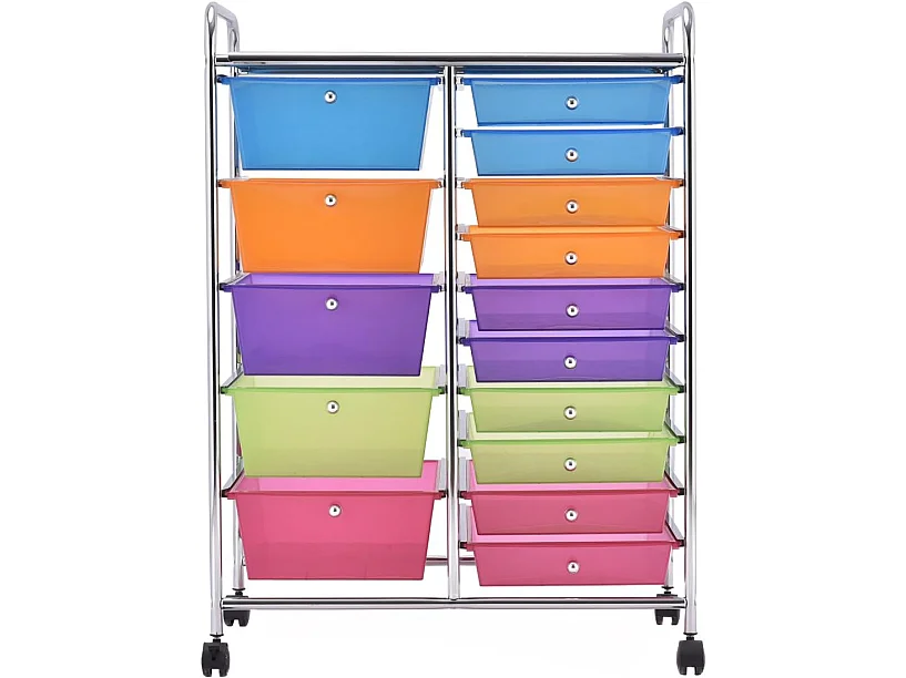 Tour de Rangement, Desserte à roulettes avec 15 Tiroirs Multicolores, Conception Stable et Solide, 4 roulettes Universelles 2 avec Freins