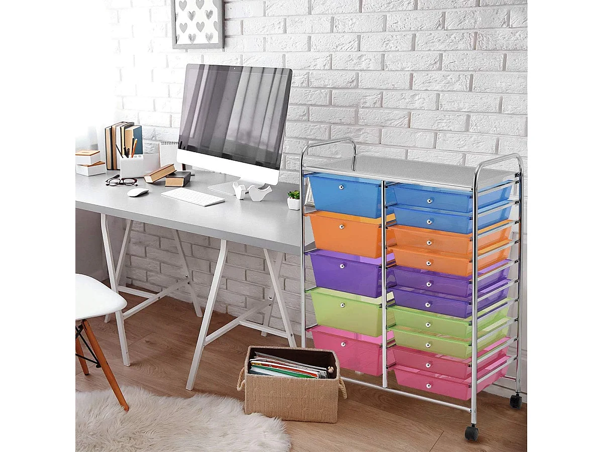 Tour de Rangement, Desserte à roulettes avec 15 Tiroirs Multicolores, Conception Stable et Solide, 4 roulettes Universelles 2 avec Freins