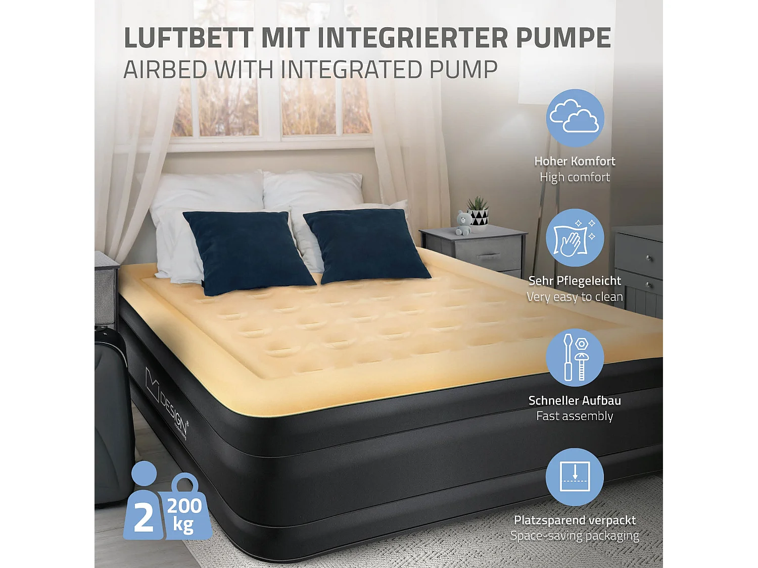 Matelas gonflable 2 personnes avec pompe électrique intégrée 203x157x47 cm beige