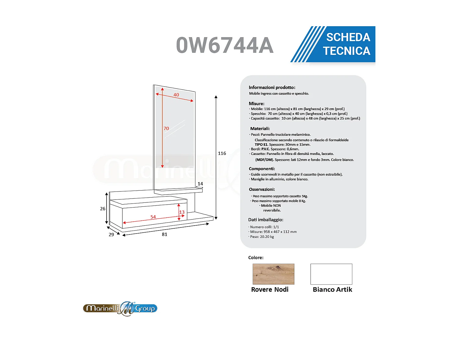 Mobile ingresso sospeso con specchio ROVERE NODI + BIANCO 81 X 29 X 116 cm 0W6744A