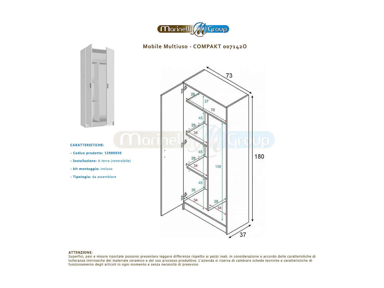 Armadio multiuso armadietto mobile bagno casa garage 2 ante 5 ripiani BIANCO 73 X 37 X 180 cm 7142O