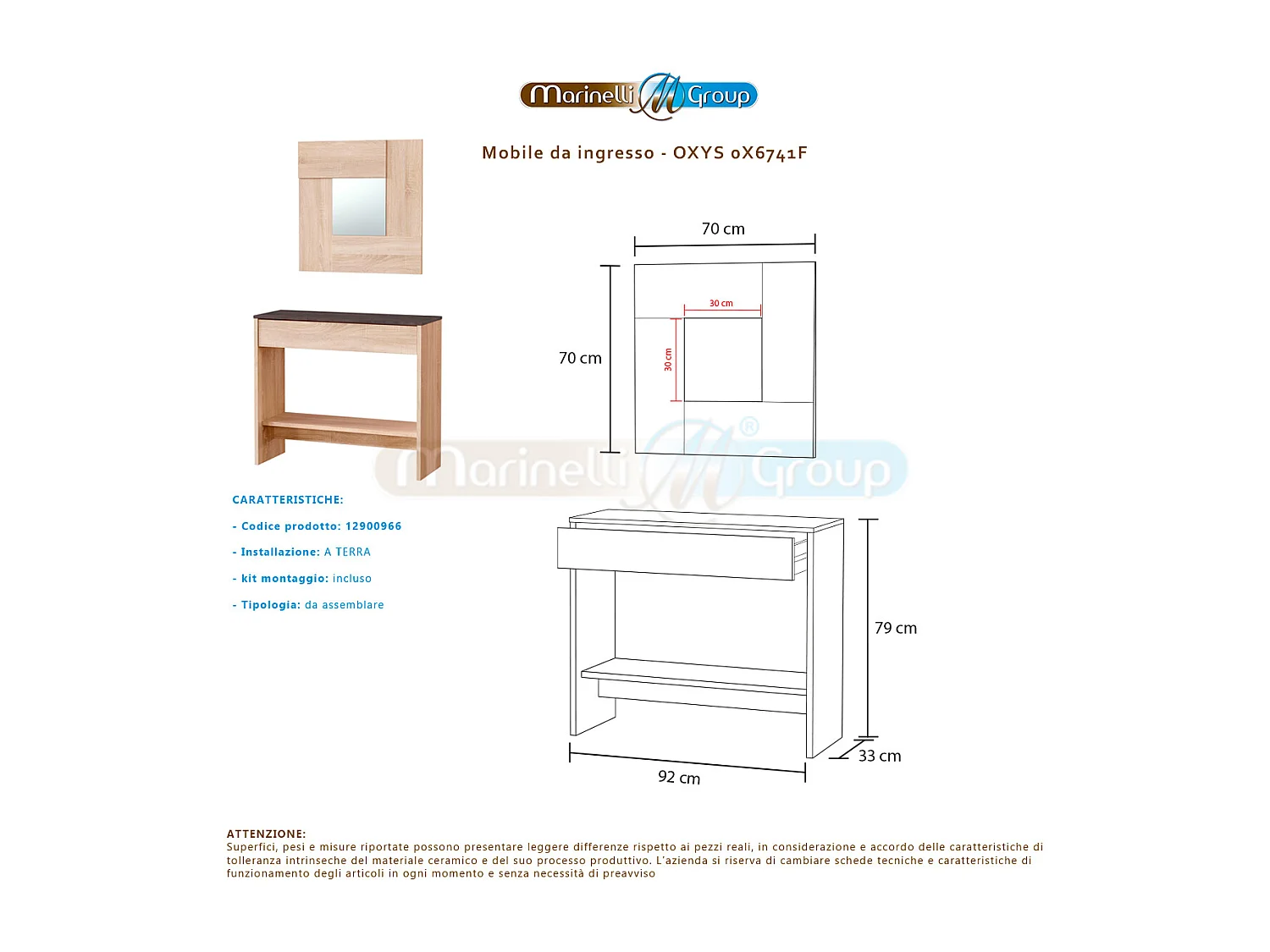 Mobile ingresso con cassetto ripiano e specchio ROVERE 92 X 33 X 79 cm 0X6741F