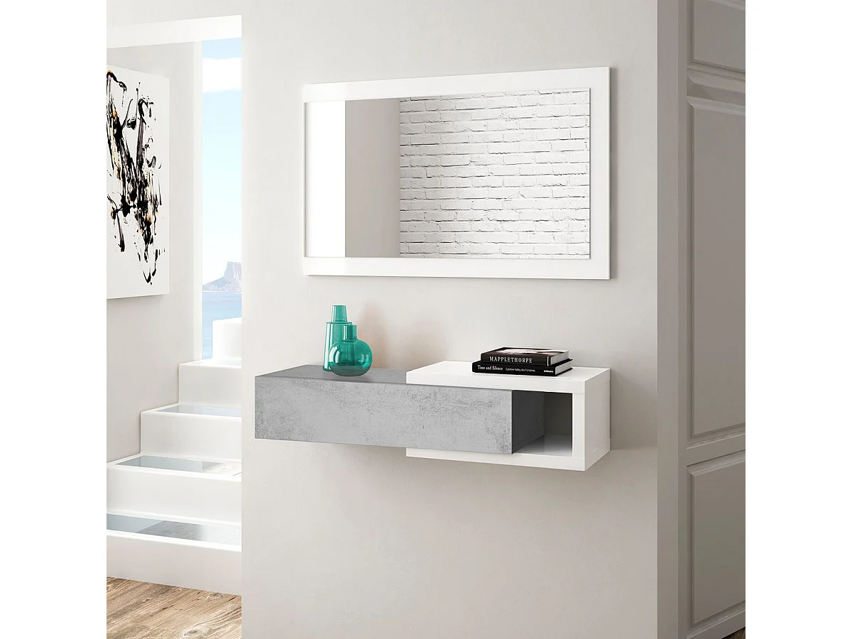 Mobile ingresso SOSPESO con cassetto ripiano e specchio CEMENTO + BIANCO 95 X 29 X 19 cm 0L6743A