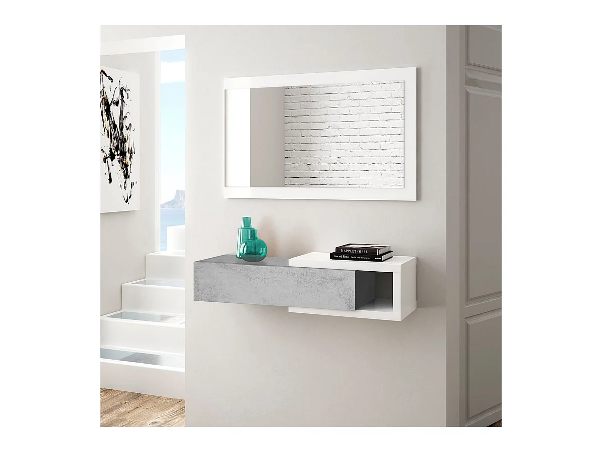Mobile ingresso SOSPESO con cassetto ripiano e specchio CEMENTO + BIANCO 95 X 29 X 19 cm 0L6743A