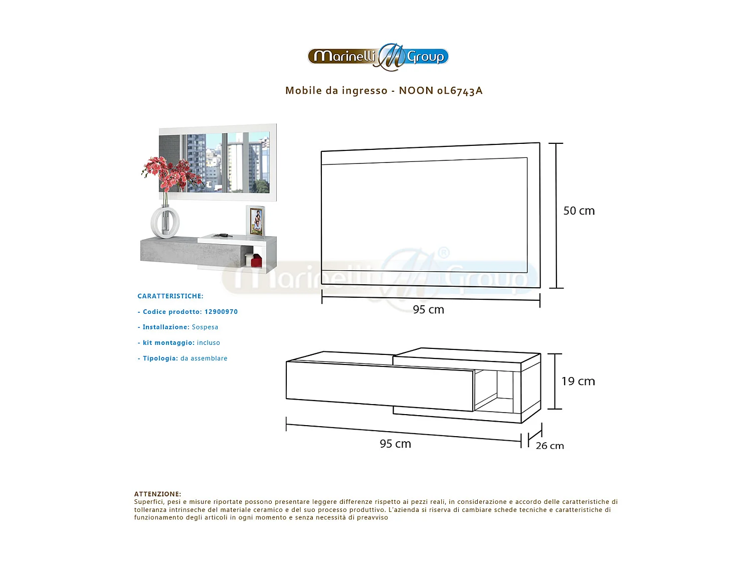 Mobile ingresso SOSPESO con cassetto ripiano e specchio CEMENTO + BIANCO 95 X 29 X 19 cm 0L6743A