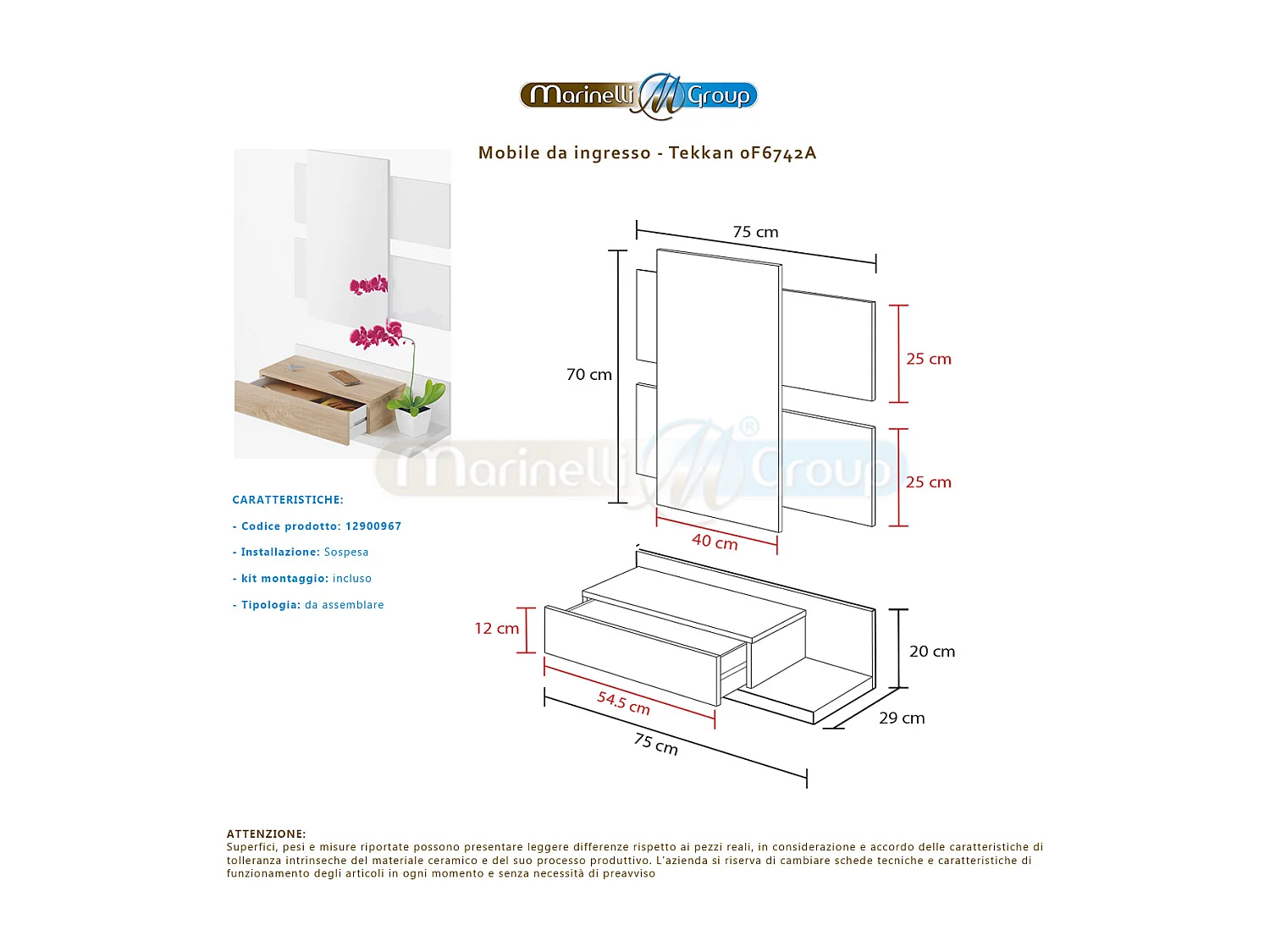 Mobile ingresso SOSPESO con cassetto ripiano e specchio ROVERE + BIANCO 75 X 29 X 20 cm 0F6742A
