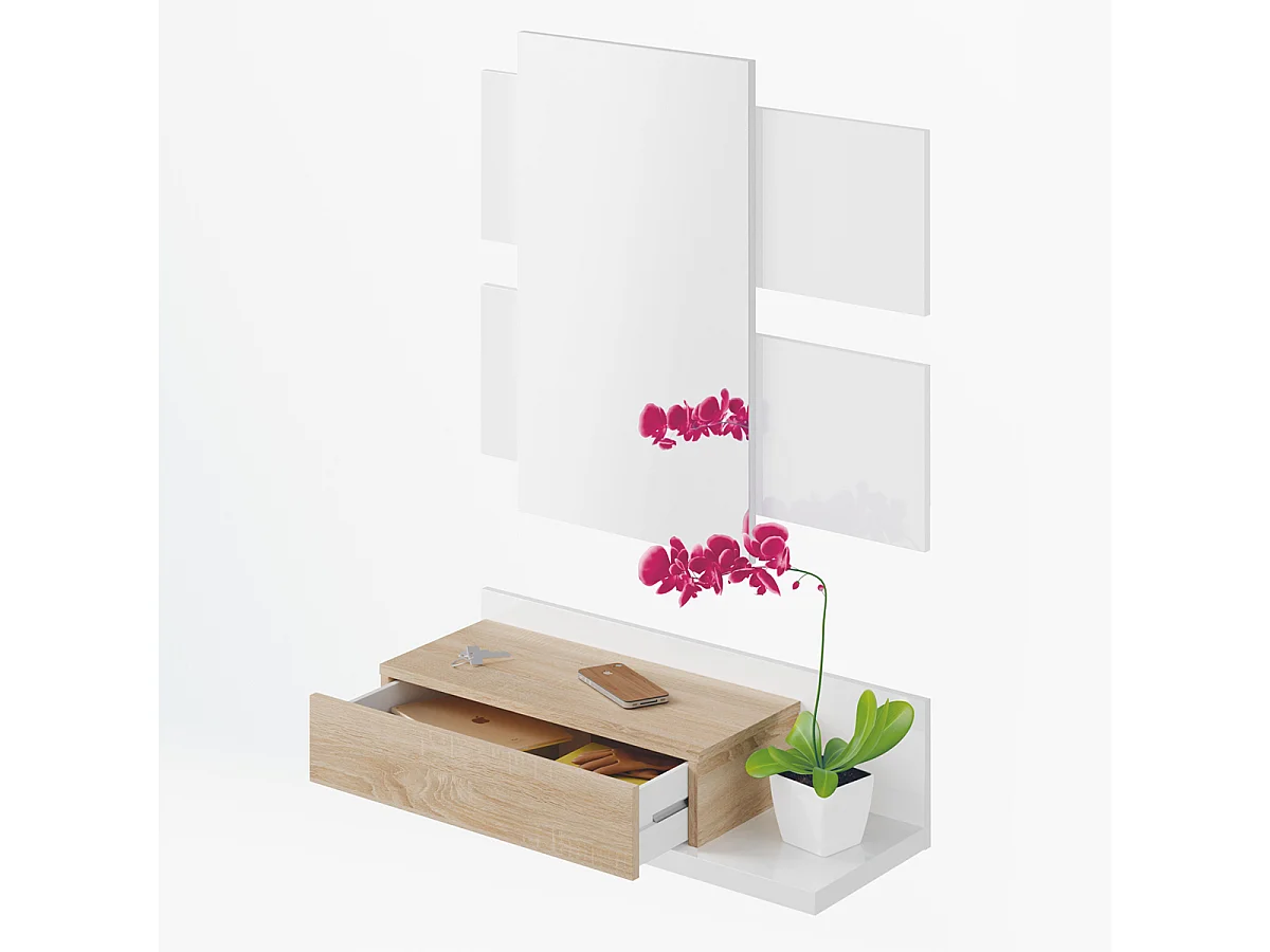 Mobile ingresso SOSPESO con cassetto ripiano e specchio ROVERE + BIANCO 75 X 29 X 20 cm 0F6742A