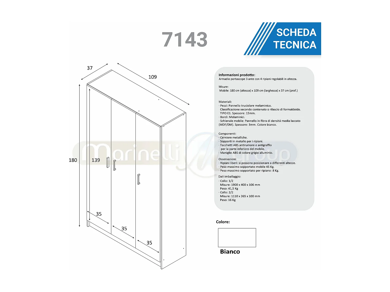 Armadio multiuso armadietto mobile bagno casa garage 3 ante 5 ripiani BIANCO 109 X 37 X 180 cm 7143O