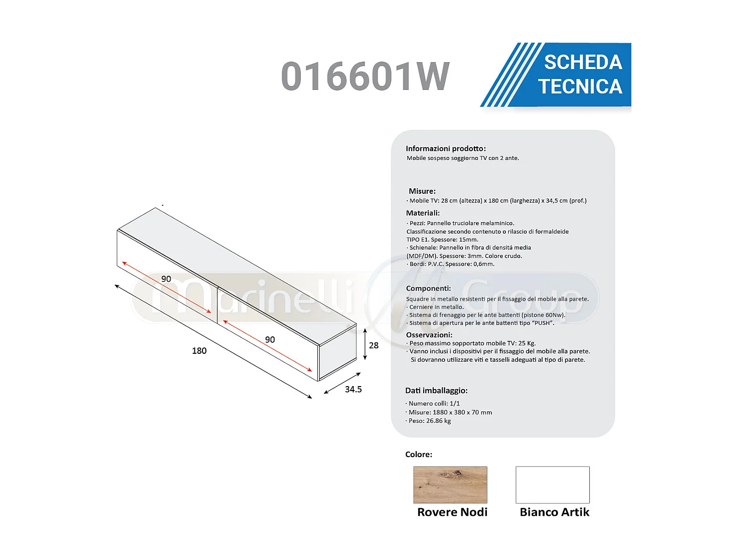 Mobile TV moderno sospeso salotto soggiorno ROVERE +BIANCO 180x28x35 cm 016601W