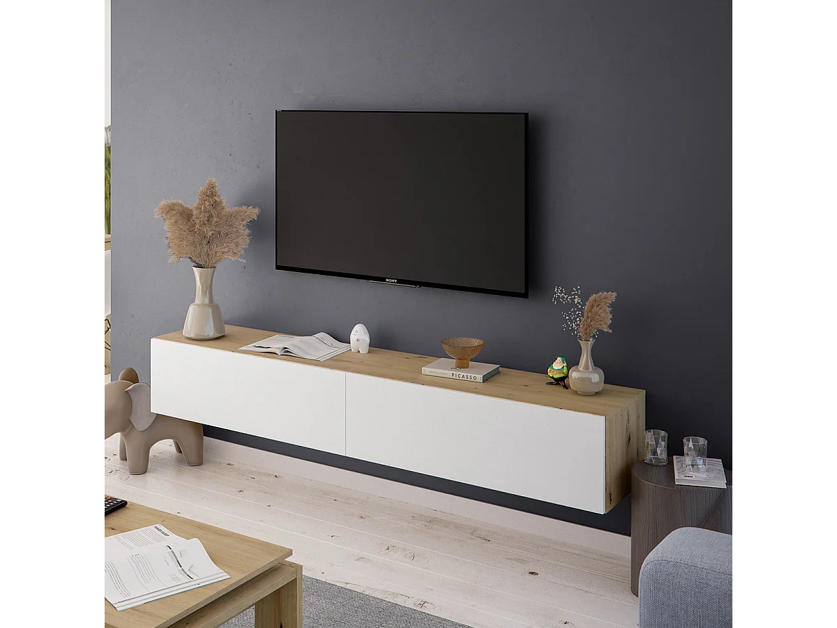 Mobile TV moderno sospeso salotto soggiorno ROVERE +BIANCO 180x28x35 cm 016601W