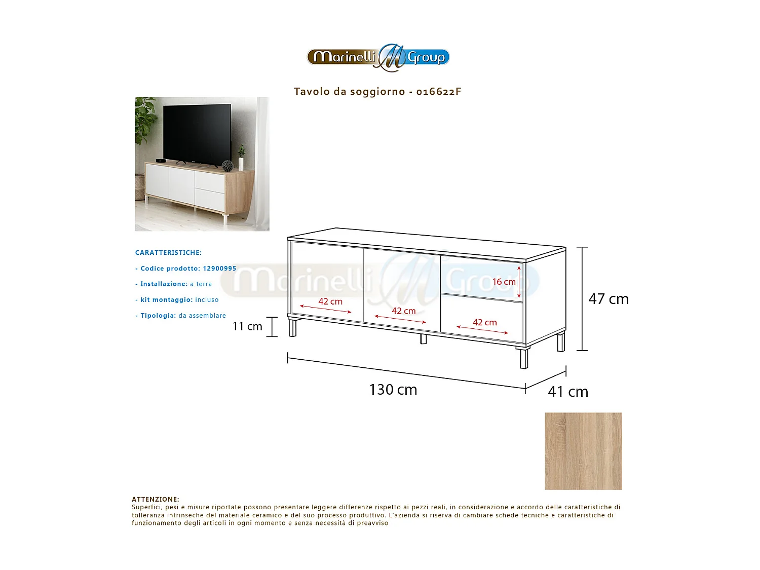 Mobile porta TV moderno soggiorno salotto camera letto BIANCO + ROVERE 130 X 41 X 47 cm 016622F