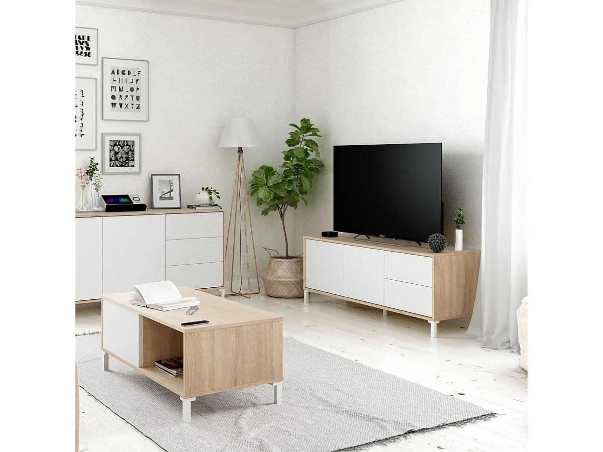 Mobile porta TV moderno soggiorno salotto camera letto BIANCO + ROVERE 130 X 41 X 47 cm 016622F